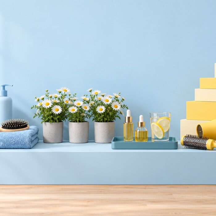 Pastel-styled salon retail shelf with professional hair care products, styling tools and fresh flowers, illustrating wha