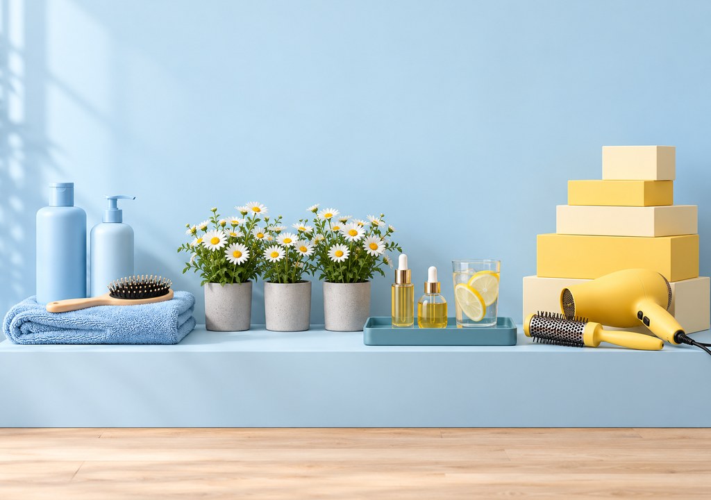Pastel-styled salon retail shelf with professional hair care products, styling tools and fresh flowers, illustrating wha