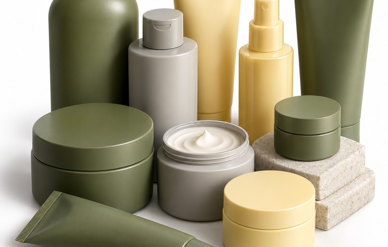 Arrangement of smoothing conditioner and hair care products in muted sage, grey and yellow tones, elevated angle