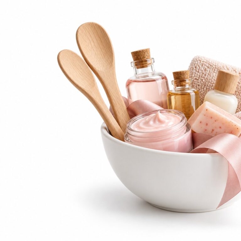 Beauty gift set: a white ceramic bowl holding a ribbon-tied unlabelled cosmetics set with small bottles and a wooden spa