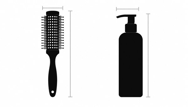Black silhouette size diagram of a hair brush and a plain cosmetic bottle shown front and side, with dimension lines