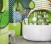 Bright, colourful modern hair salon interior with a curved white reception counter and shelves of plain unlabelled colou