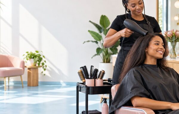 Bright hair salon styling station with a stylist and client seen in a mirror, relaxed unhurried atmosphere