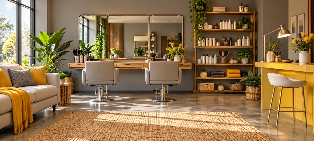 Bright modern hair salon interior with styling chair, mirror and shelves of hair products