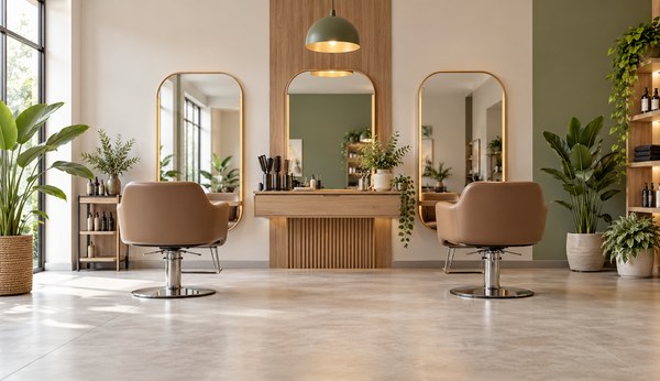 Bright modern hair salon interior with two styling chairs and mirrors, wide shot, for a trim-frequency blog post