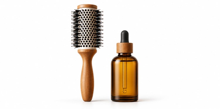 Ceramic hair brush and argan hair oil bottle styled together on a white studio background