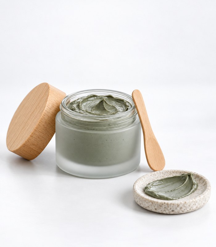 Clay face mask jar with open lid beside a smear of grey-green clay mask and a wooden spatula, product hero shot