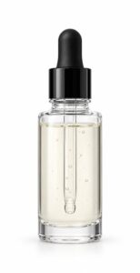 Clear glass serum bottle with black dropper, centred on white