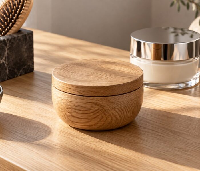 Close-up still life of beauty products on a pale wooden salon counter: a round wooden lidded jar, a chrome-lidded cream