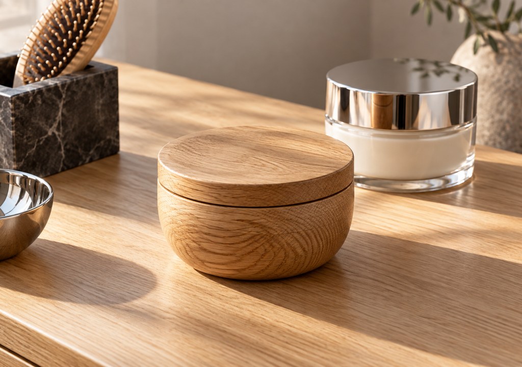Close-up still life of beauty products on a pale wooden salon counter: a round wooden lidded jar, a chrome-lidded cream