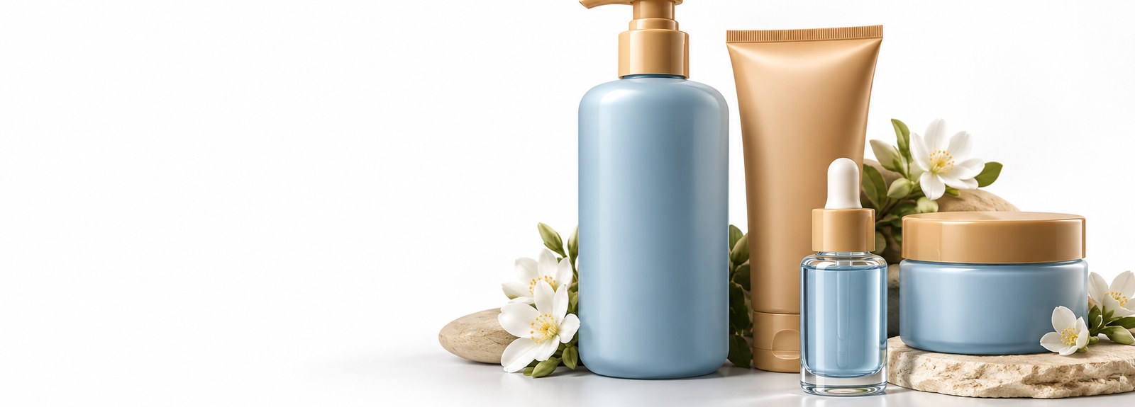 Elegant arrangement of hair care and skin care bottles and jars on a clean white studio background, positioned on the ri
