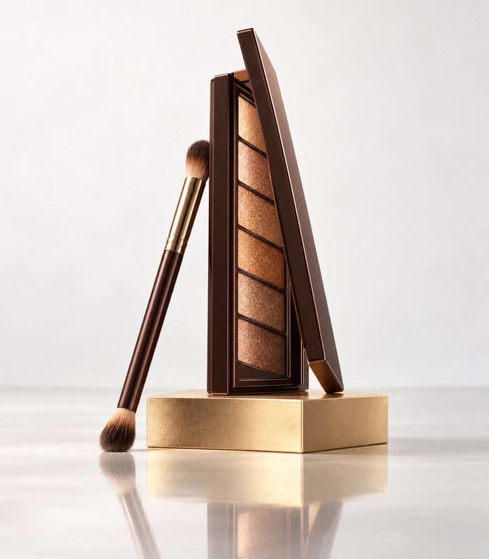 Eyeshadow palette side profile, standing open at an angle, showing case thickness and shimmer pans