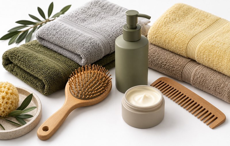 Flatlay of assorted unbranded hair and skin care products, brushes and folded towels in muted sage, grey and yellow tone