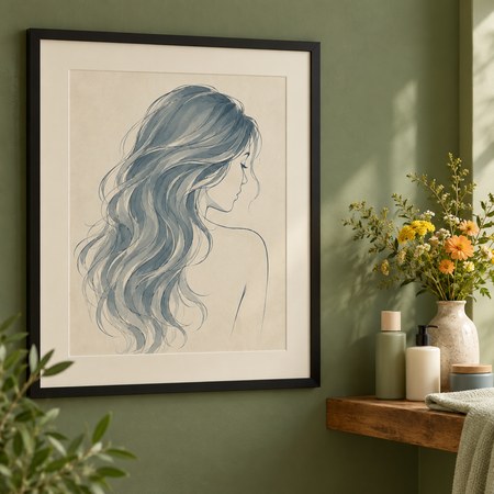 Framed salon wall art of a hairstyle illustration hung on a sage green wall beside a plant, in a salon setting