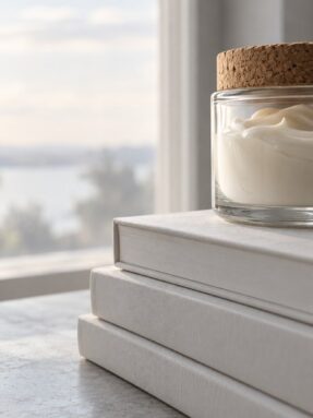Glass jar of hair treatment with a cork lid on a stack of beauty magazines, soft window light