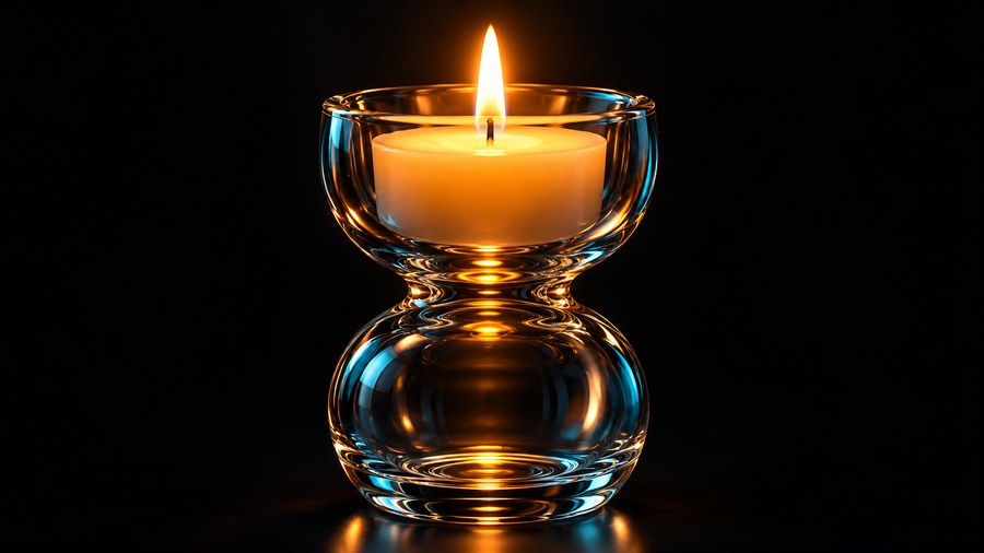Glowing amber glass candle jar centred on a near-black background