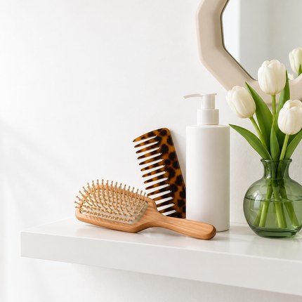 Hair care products: a hairbrush, a wide-tooth comb and an unlabelled shampoo bottle styled on a white shelf with a small