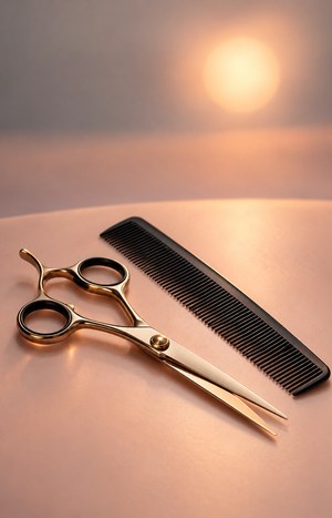 Hairdresser's scissors and a fine-tooth comb resting on a soft peach surface, with a hanging salon pendant glow softly b
