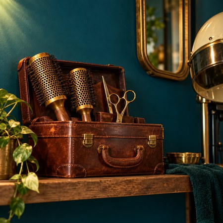 Hairdresser's trolley with scissors, combs and clips beside a salon mirror, a vintage styling case on the shelf