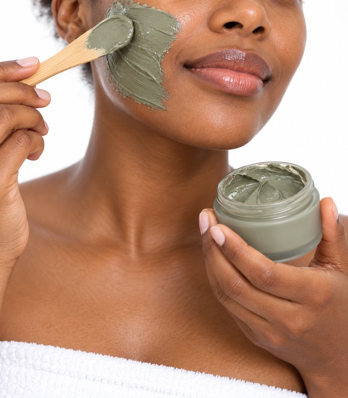 Hands applying a grey-green clay face mask with a wooden spatula, close-up of a woman's cheek and hand