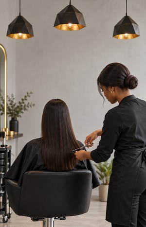 Hanging salon pendant lights over a stylist's station, with a client having a hair trim, soft grey background, portrait