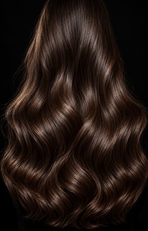 Long glossy wavy hair strands flowing vertically against a dark background, showing healthy trimmed ends