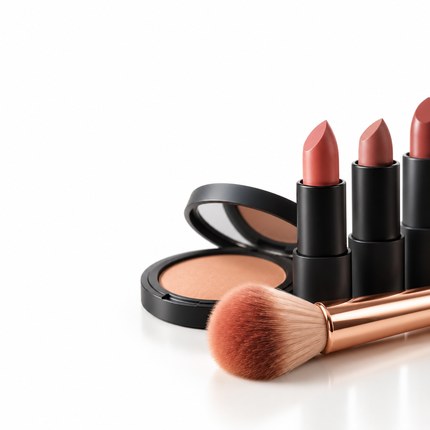 Make-up products: lipsticks, a compact powder and a makeup brush arranged on a white surface