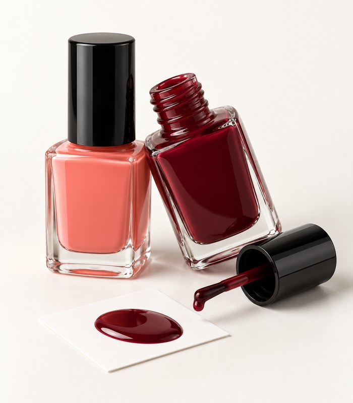 Nail polish bottles at a dynamic angle with one open brush and a swatch of polish