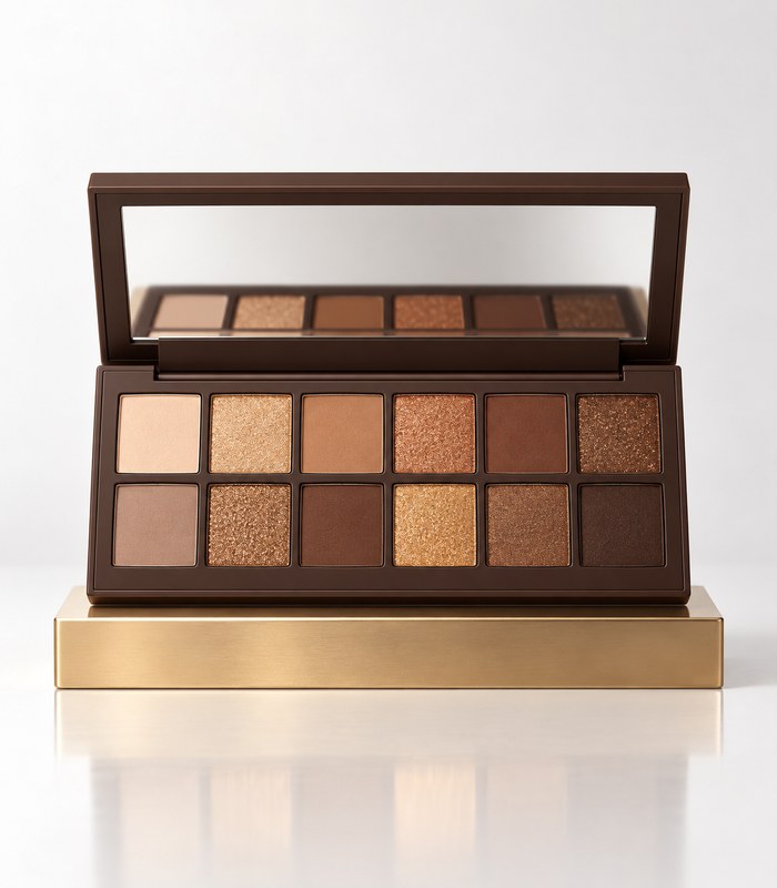 Open eyeshadow palette with neutral and warm shades, front view, with a small makeup brush resting at the base