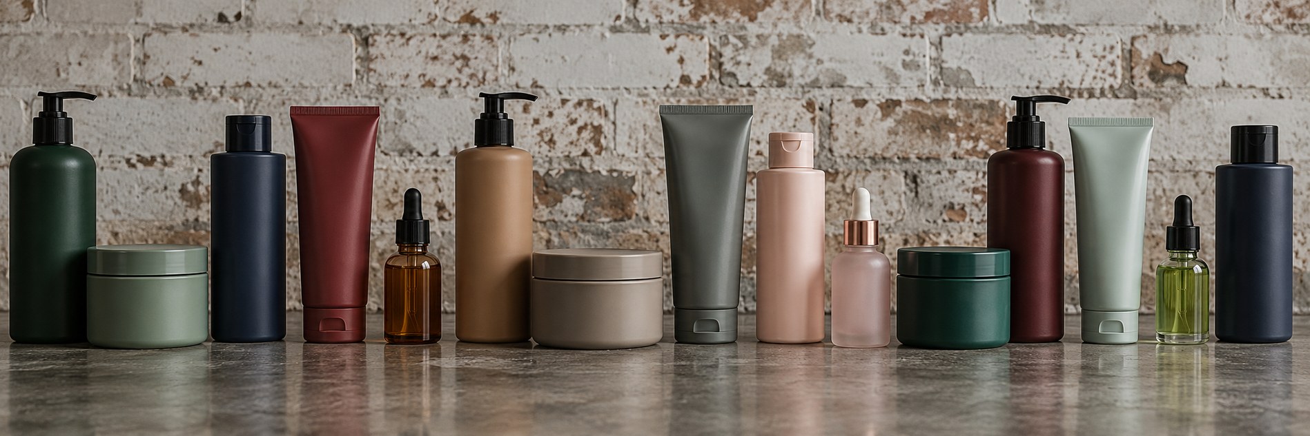 Row of assorted hair care products (shampoo, conditioner, masks, oils) lined up against a pale brick wall