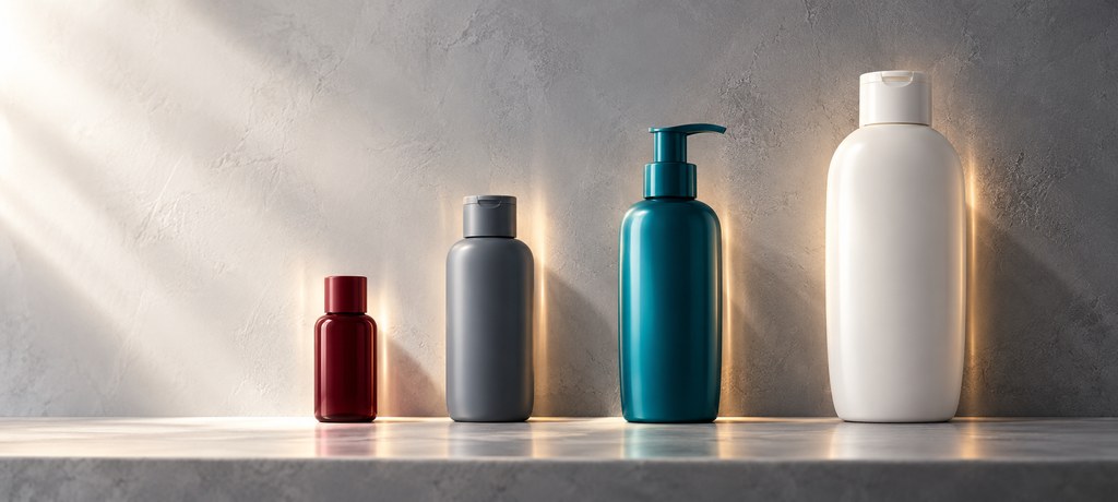 Row of four hair-care styling products of increasing size (small to large) on a pale grey wall-like backdrop