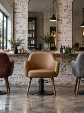 Row of three salon styling chairs in a light brick-walled South African hair salon, middle chair in tan leather