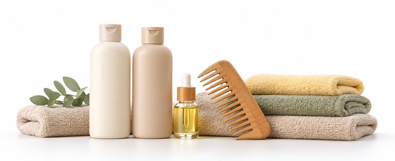 Row of unbranded hair care products and soft towels on a white studio background, illustrating simple care between salon