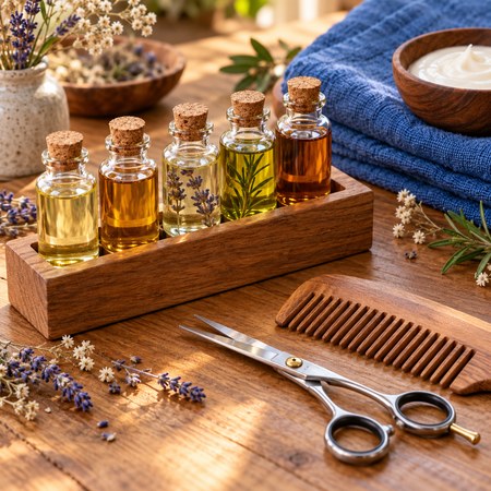 Row of unlabelled hair care bottles and small jars in a wooden holder on a wooden table beside a comb and hair scissors