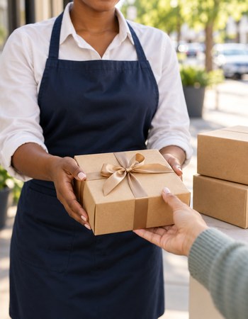 Salon staff member handing a customer a plain gift set box of beauty products outdoors