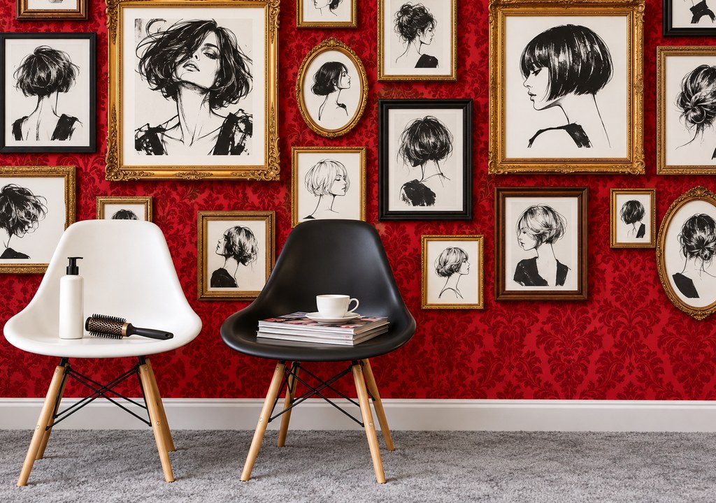 Salon styling corner with two chairs in front of a bold red patterned feature wall decorated with framed black and white