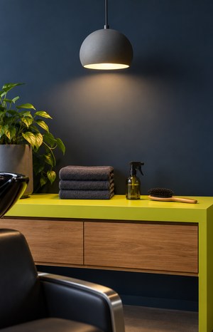 Salon styling station with a hairbrush and blow dryer on a lime-yellow shelf against a dark slate wall