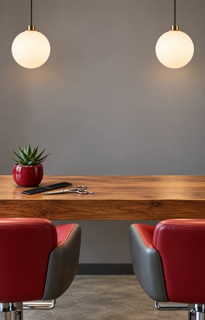 Salon styling station with wooden counter, a plain round mirror, a small succulent in a red pot and a hairdressing comb