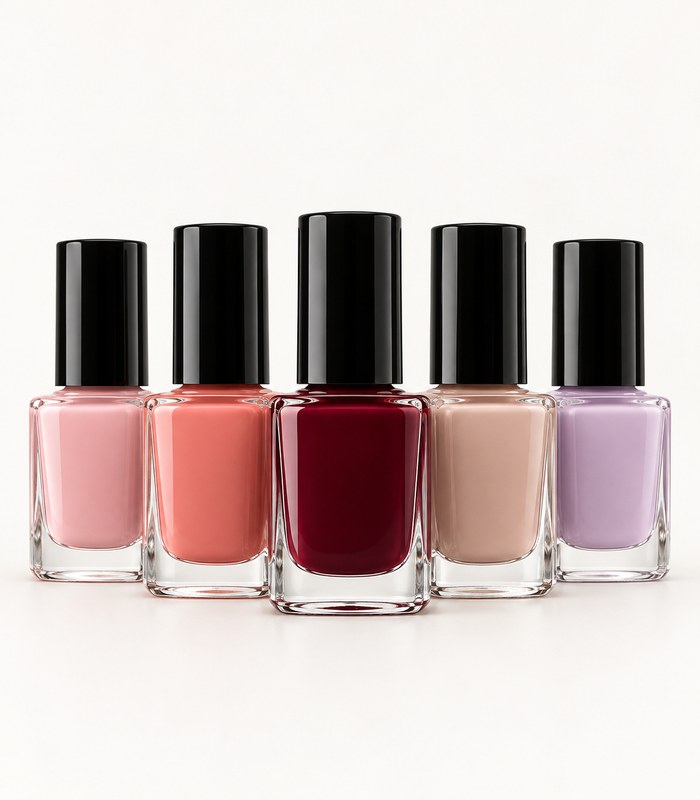 Set of five nail polish bottles in assorted colours standing together, front view