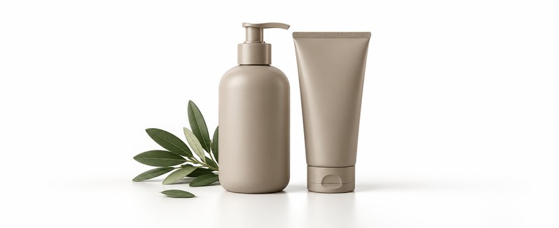 Smoothing conditioner 300ml bottle and tube side by side on white studio background, wide panoramic
