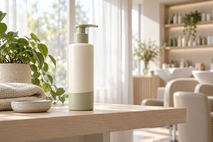 Smoothing conditioner 300ml unbranded bottle on a bright, airy bathroom or salon shelf styled with towels and plants