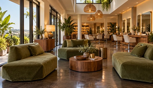 Spacious open-plan hair salon waiting lounge with olive-green velvet seating, large windows and styling stations in the