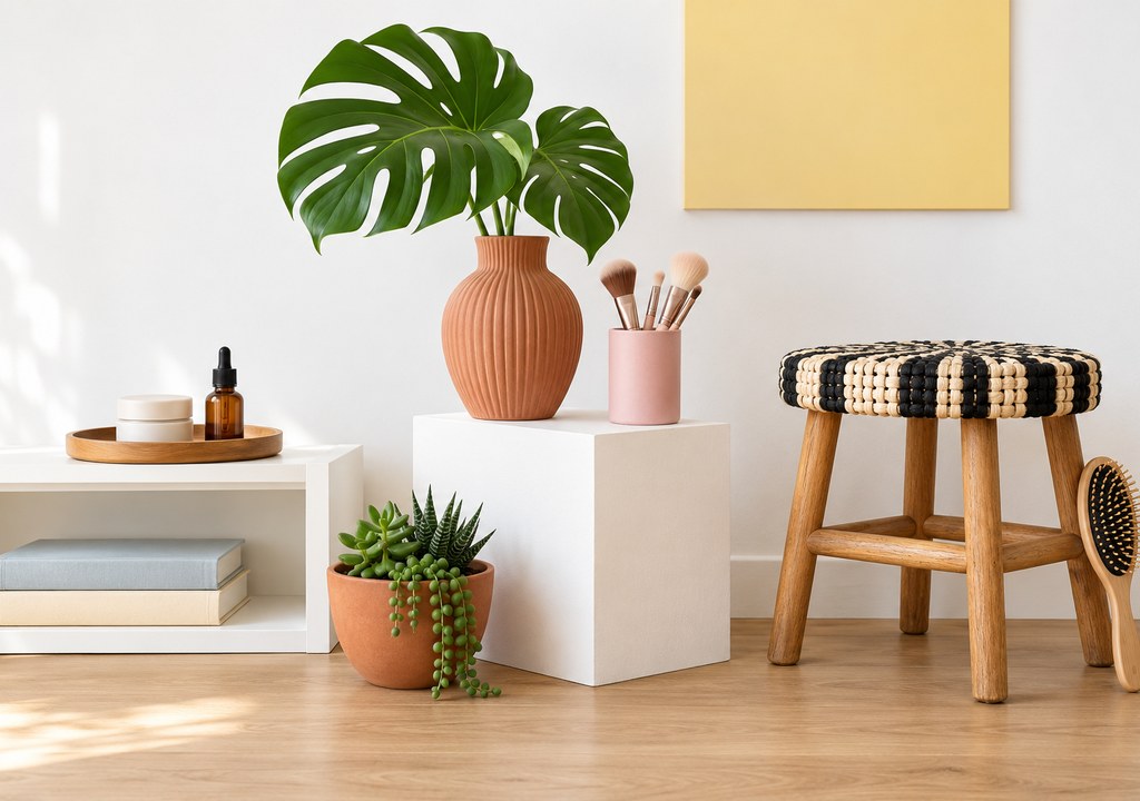 Styled still life of salon hair and beauty products and tools arranged on white plinths and a wooden floor against a whi