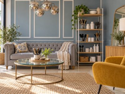 Stylish salon consultation corner with a sofa, glass coffee table and a shelf of styling tools and brushes, suitable for