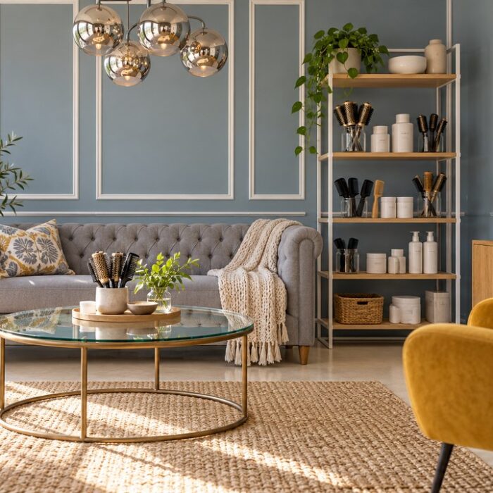 Stylish salon consultation corner with a sofa, glass coffee table and a shelf of styling tools and brushes, suitable for