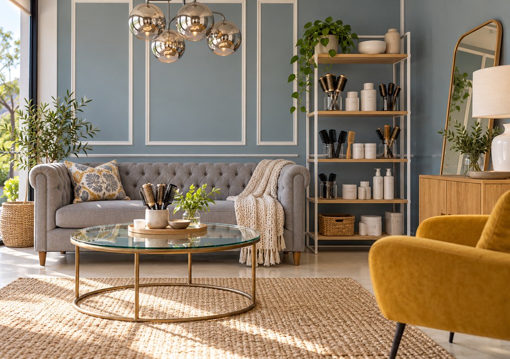 Stylish salon consultation corner with a sofa, glass coffee table and a shelf of styling tools and brushes, suitable for