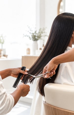 Stylist's hands trimming a woman's hair with shears, light airy salon background