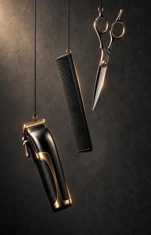 Three salon hair-trimming tools (scissors, comb, clipper) hanging as an elegant suspended arrangement against a dark gre