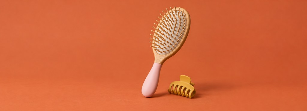 Wide banner of a wooden hairbrush and hair clip on a terracotta-orange backdrop
