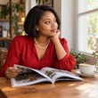 Young South African woman with short dark hair in a red top and necklace, reading a magazine at a salon cafe table by a
